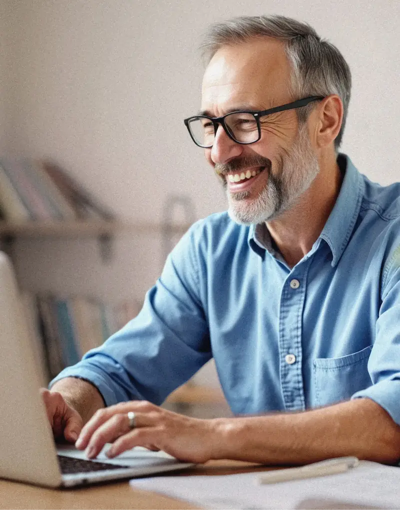 A man smiling while using a laptop
